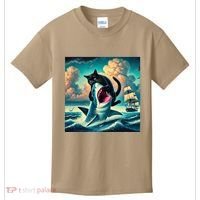 Cat Biting Shark Funny Art And Cat Lover Funny Kids T-Shirt thumb 0