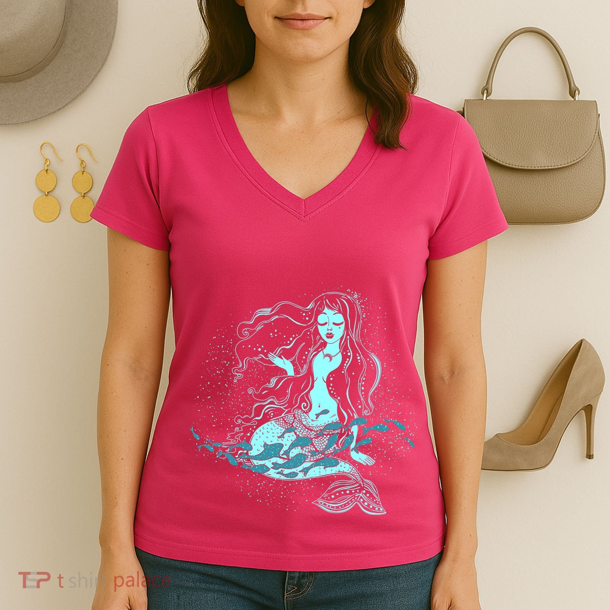 Cute Boho Space Galaxy Mermaid Women's V-Neck T-Shirt