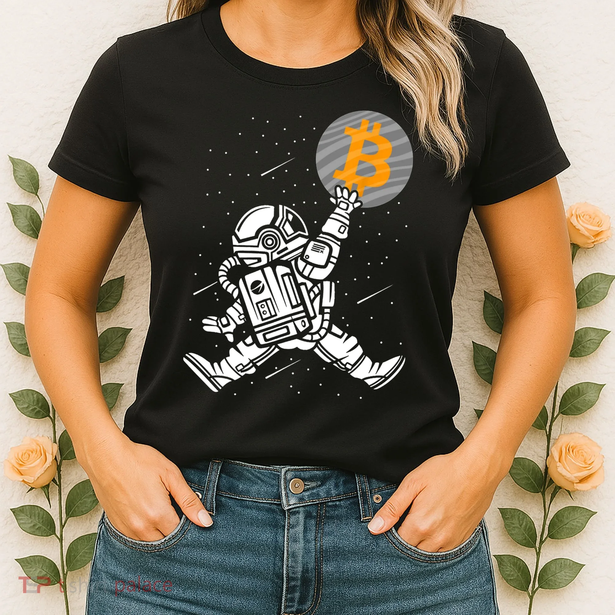 Cryptocurrency Bitcoin Space Moon Funny Women's T-Shirt