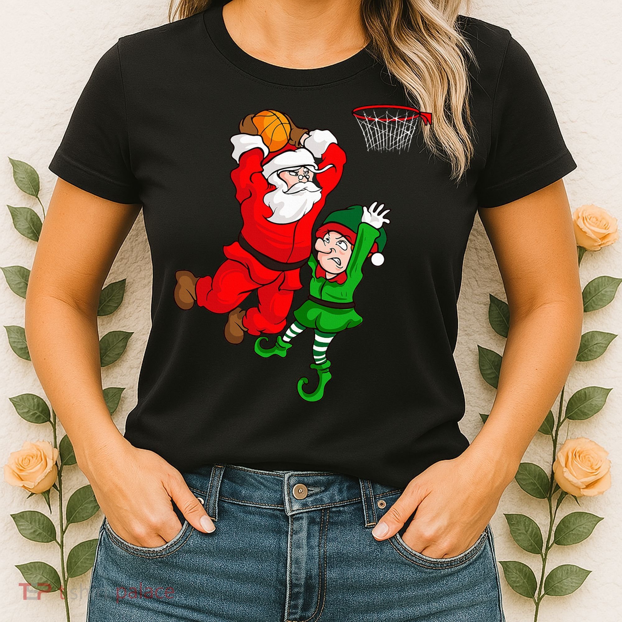 Christmas Basketball Santa Claus Slam Dunk Elf Funny Humor  Women's T-Shirt
