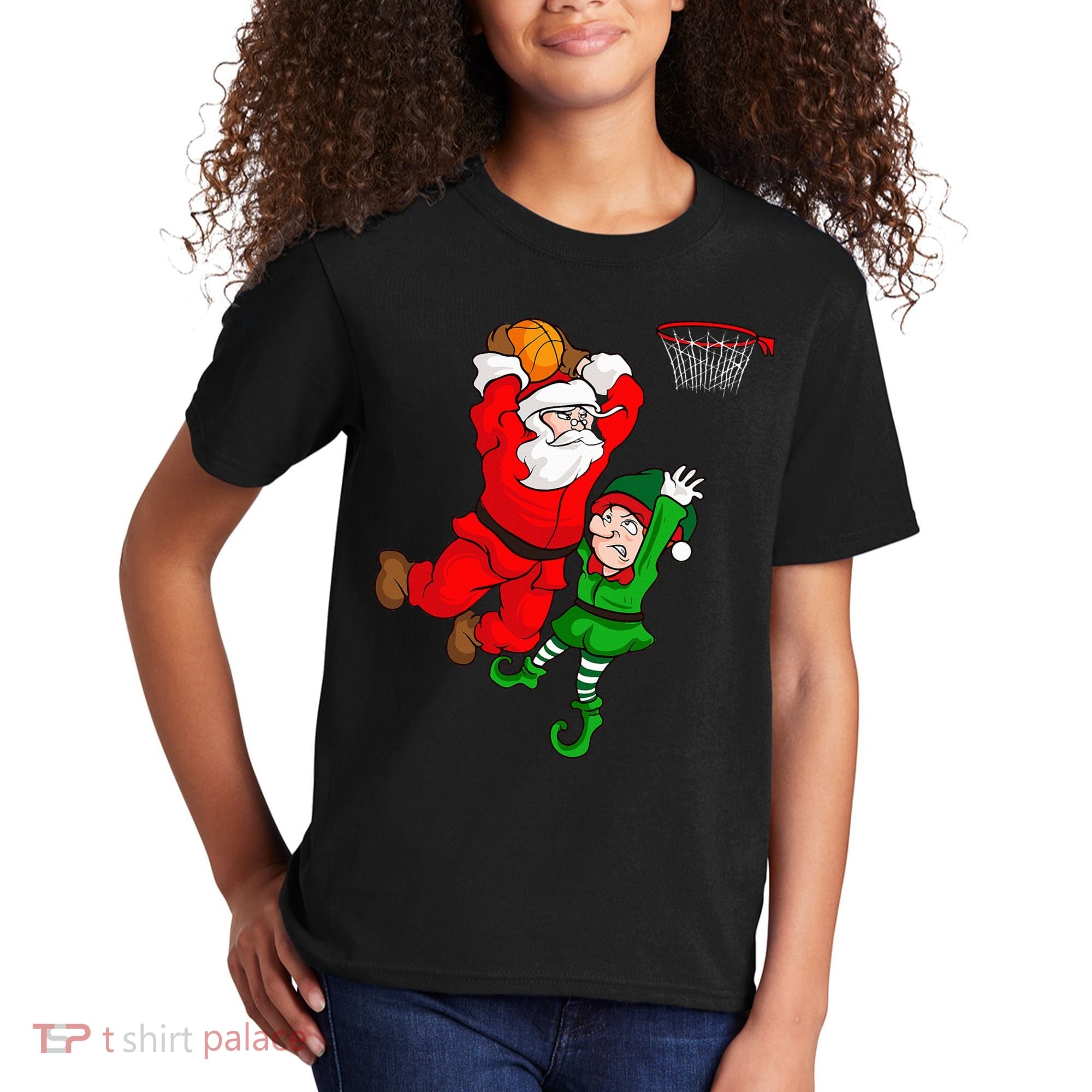 Christmas Basketball Santa Claus Slam Dunk Elf Funny Humor  Kids T-Shirt