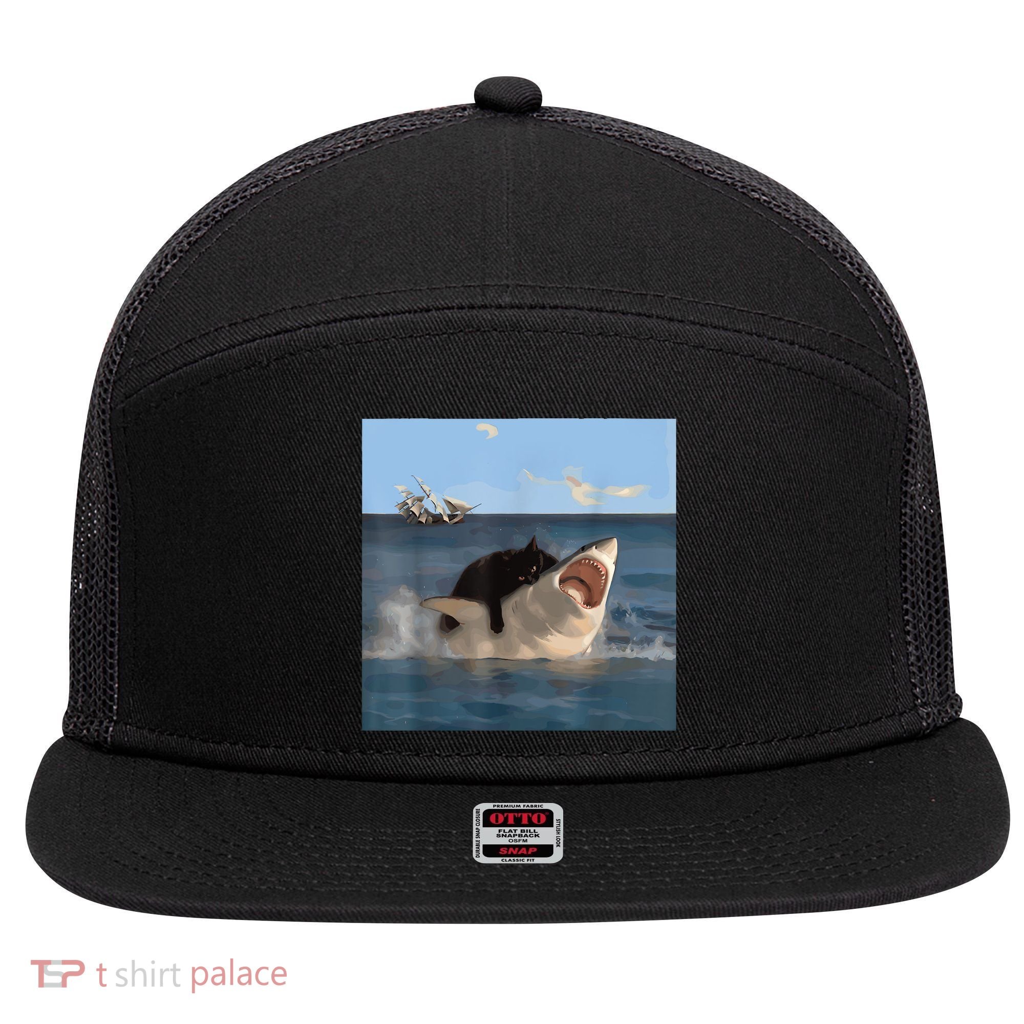 Cat Biting Shark Humorous Playful Funny Cat And Shark 7 Panel Mesh Trucker Snapback Hat