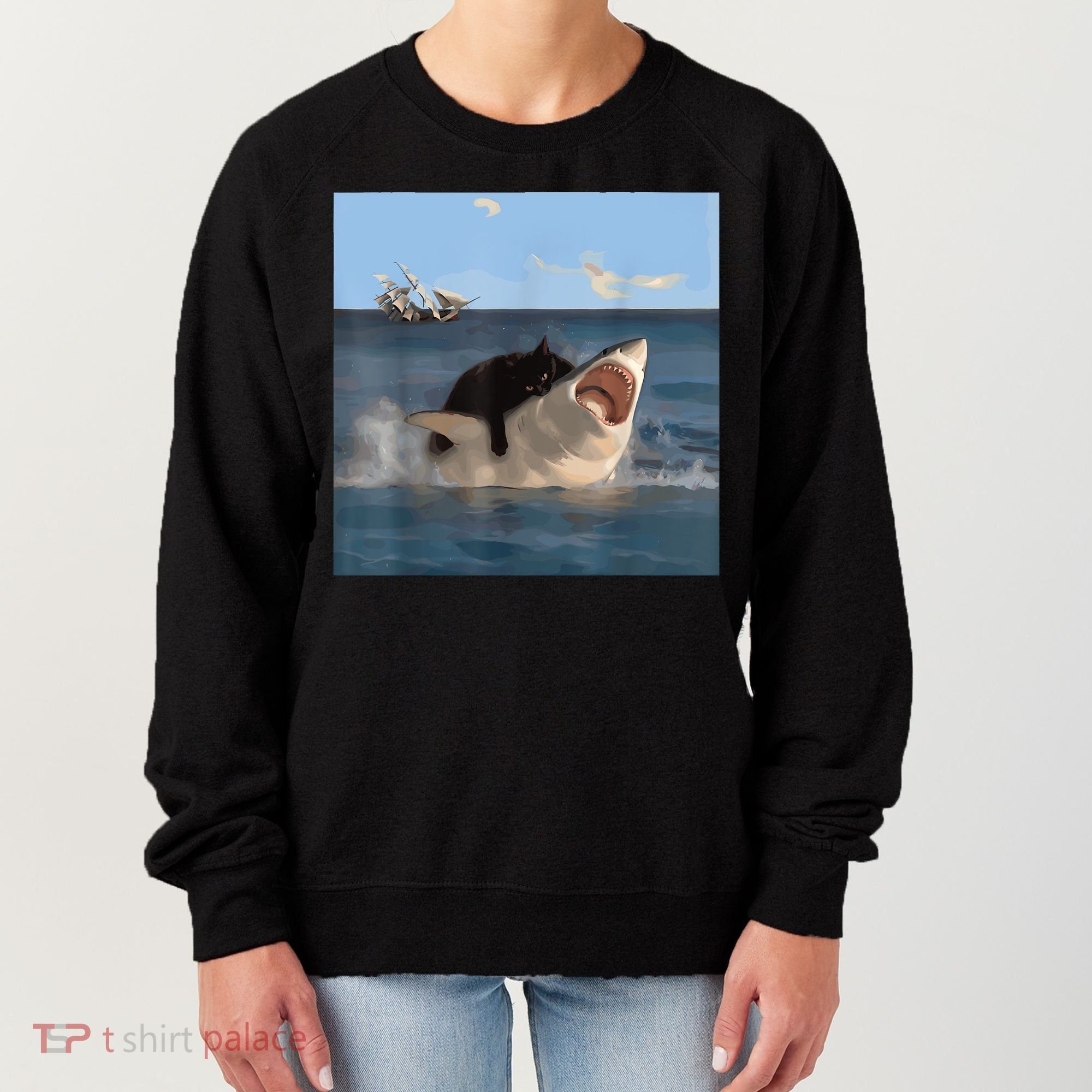 Cat Biting Shark Humorous Playful Funny Cat And Shark Women's Sweatshirt
