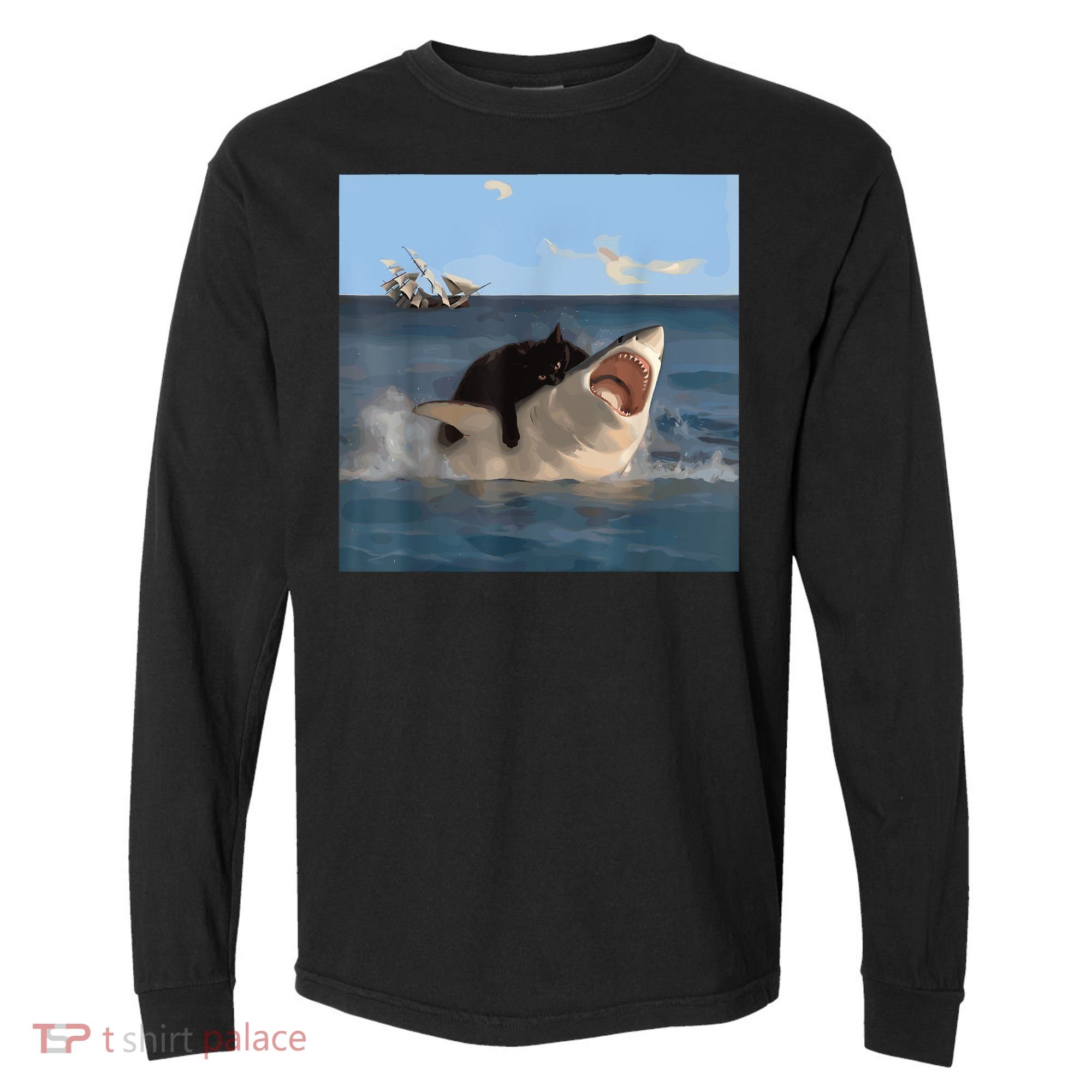 Cat Biting Shark Humorous Playful Funny Cat And Shark Comfort Colors Heavyweight Long Sleeve T-Shirt