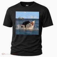 Cat Biting Shark Humorous Playful Funny Cat And Shark Cooling Performance Crew T-Shirt thumb 0