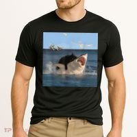 Cat Biting Shark Humorous Playful Funny Cat And Shark Cooling Performance Crew T-Shirt thumb 2