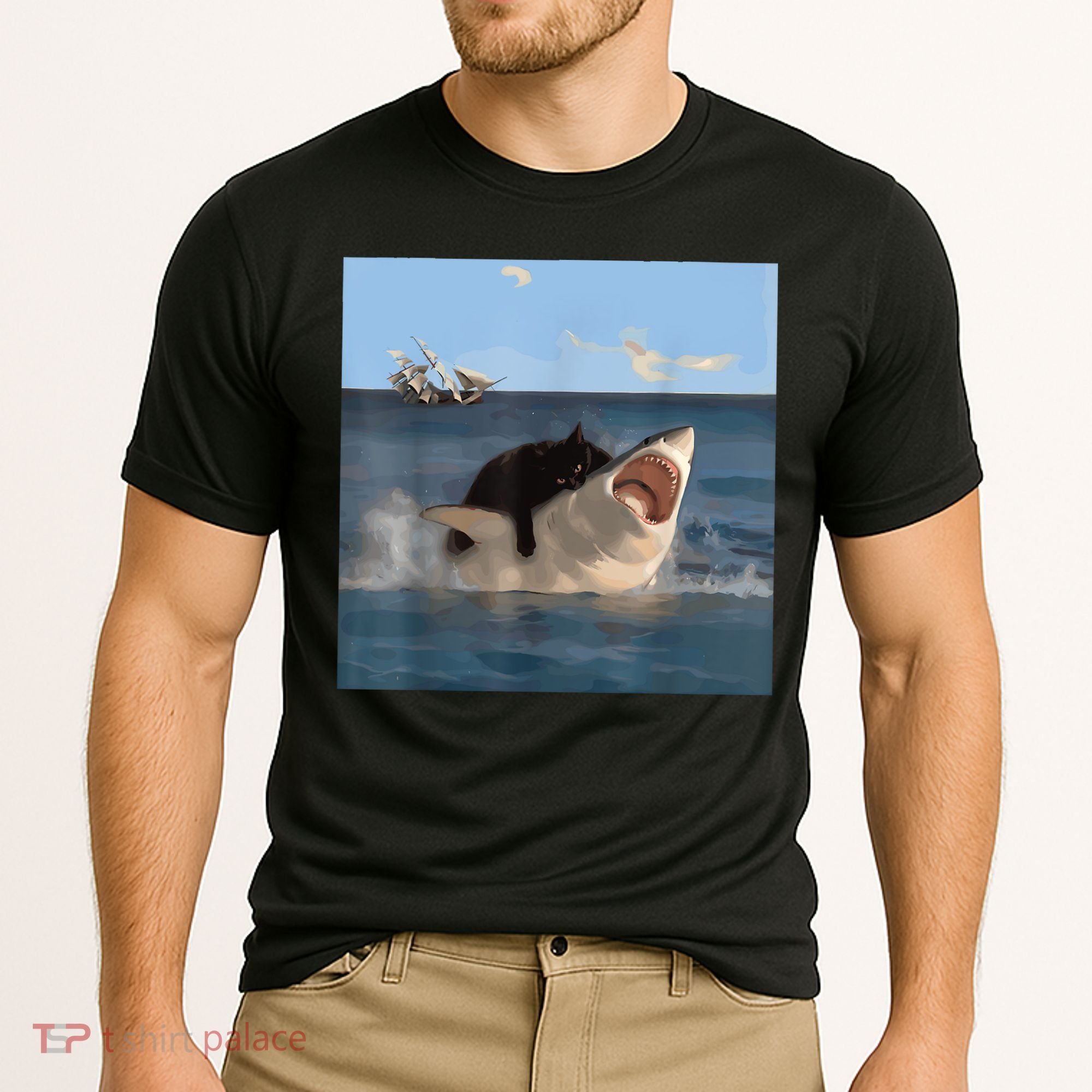 Cat Biting Shark Humorous Playful Funny Cat And Shark Cooling Performance Crew T-Shirt