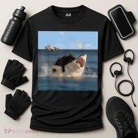 Cat Biting Shark Humorous Playful Funny Cat And Shark Cooling Performance Crew T-Shirt thumb 3
