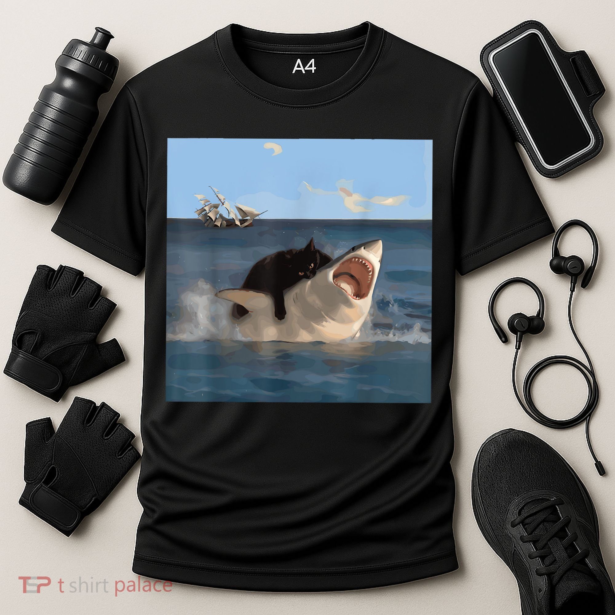 Cat Biting Shark Humorous Playful Funny Cat And Shark Cooling Performance Crew T-Shirt