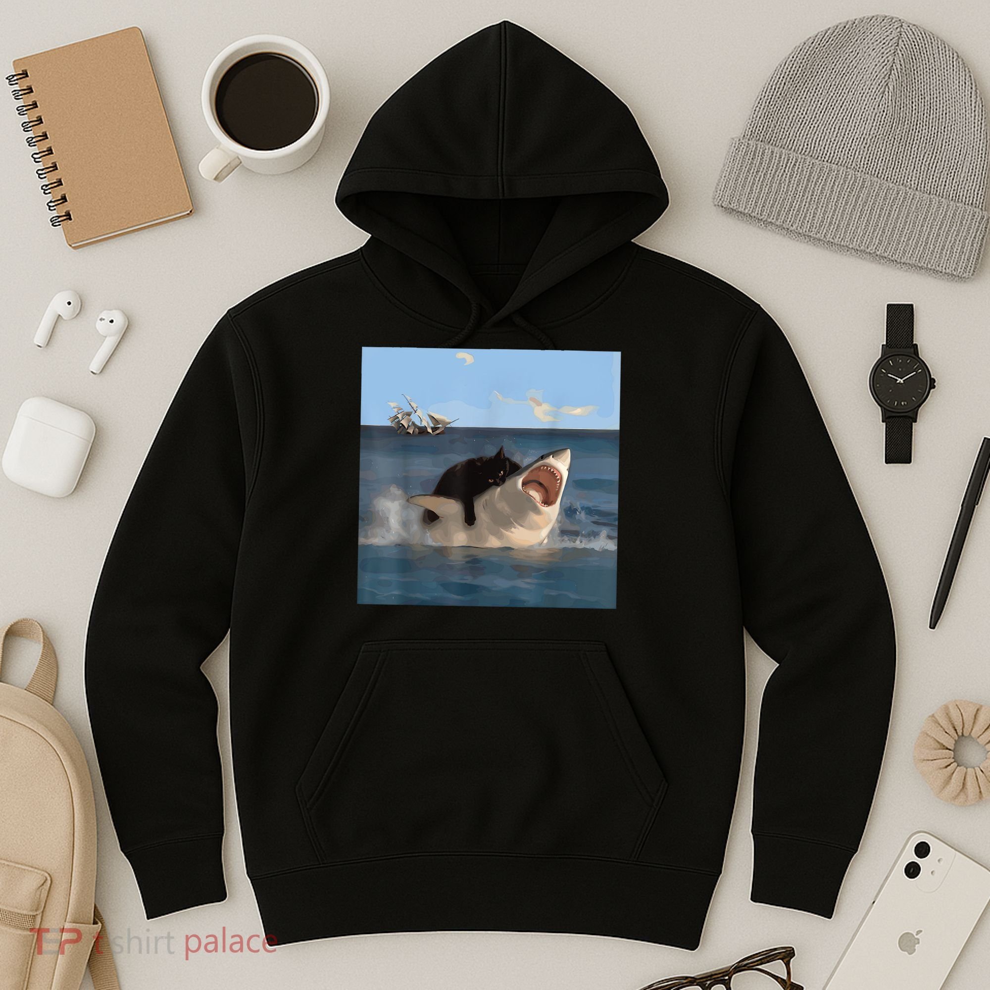 Cat Biting Shark Humorous Playful Funny Cat And Shark Hoodie