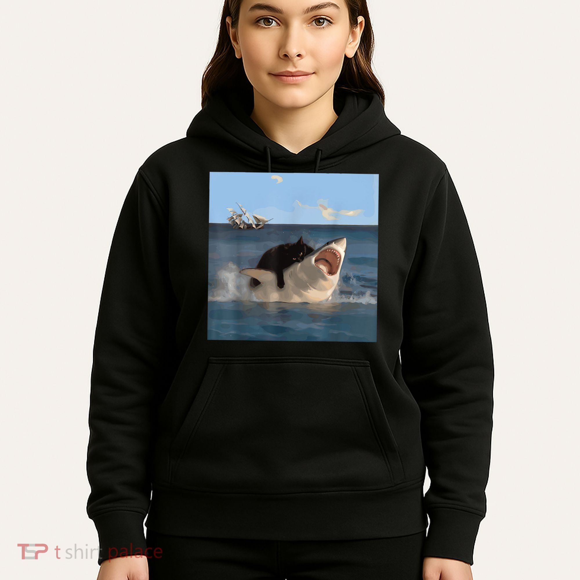 Cat Biting Shark Humorous Playful Funny Cat And Shark Hoodie