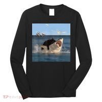 Cat Biting Shark Humorous Playful Funny Cat And Shark Long Sleeve Shirt thumb 0