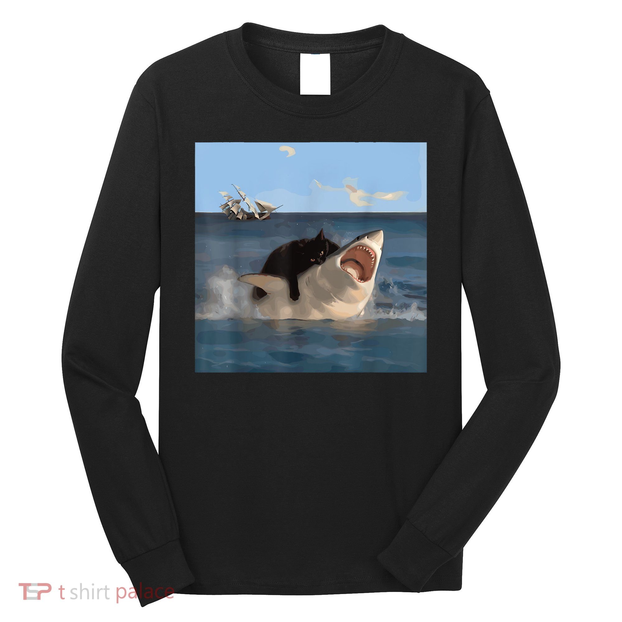 Cat Biting Shark Humorous Playful Funny Cat And Shark Long Sleeve Shirt