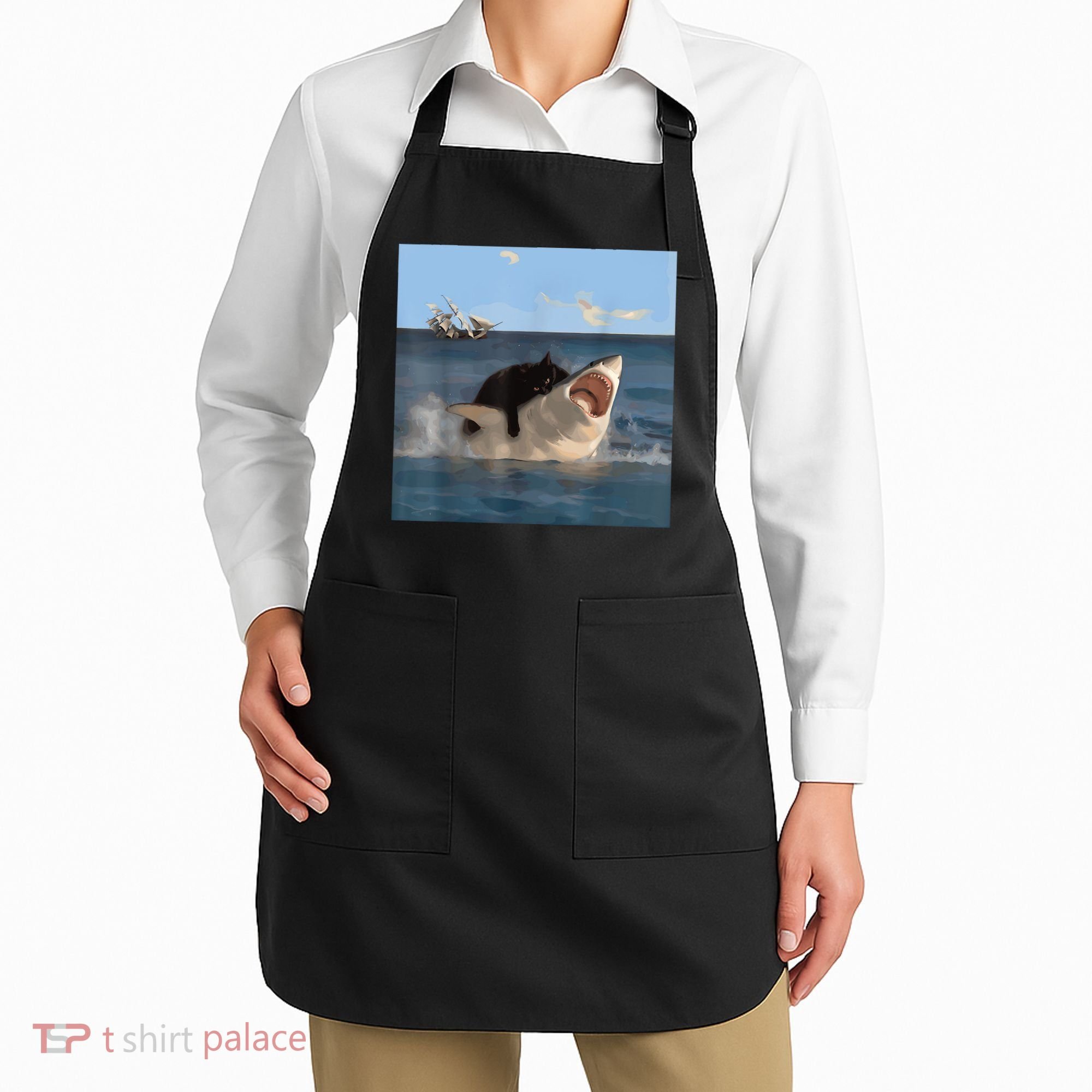 Cat Biting Shark Humorous Playful Funny Cat And Shark Apron