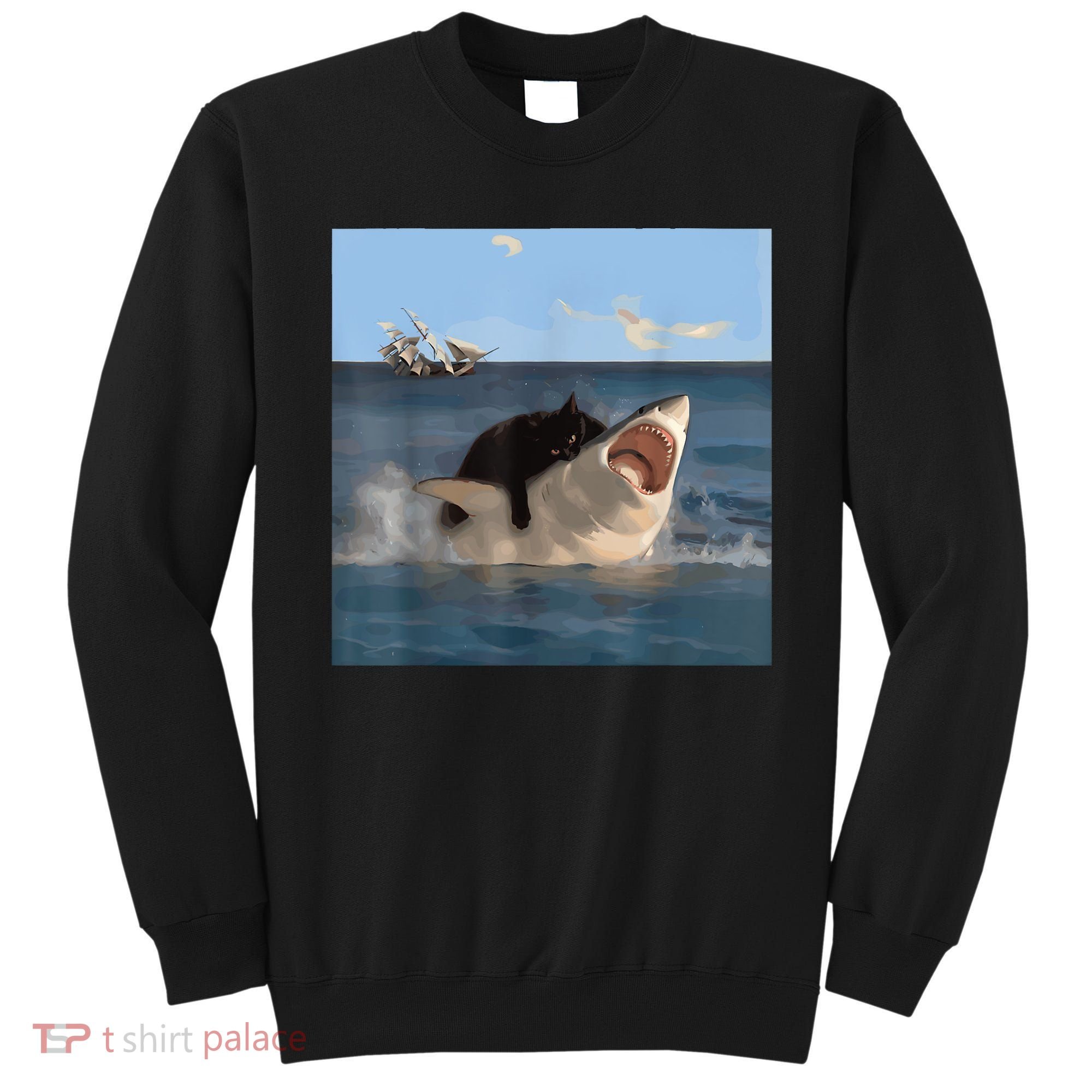 Cat Biting Shark Humorous Playful Funny Cat And Shark Sweatshirt