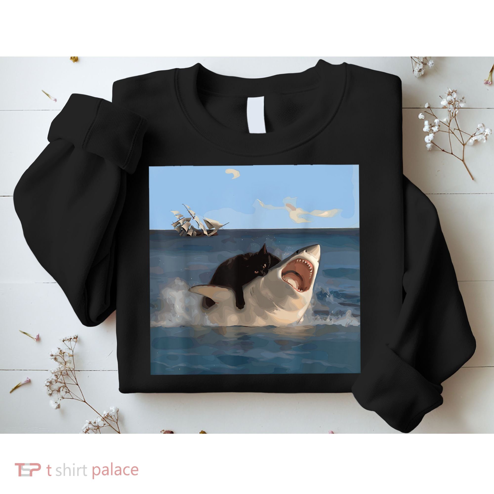 Cat Biting Shark Humorous Playful Funny Cat And Shark Sweatshirt