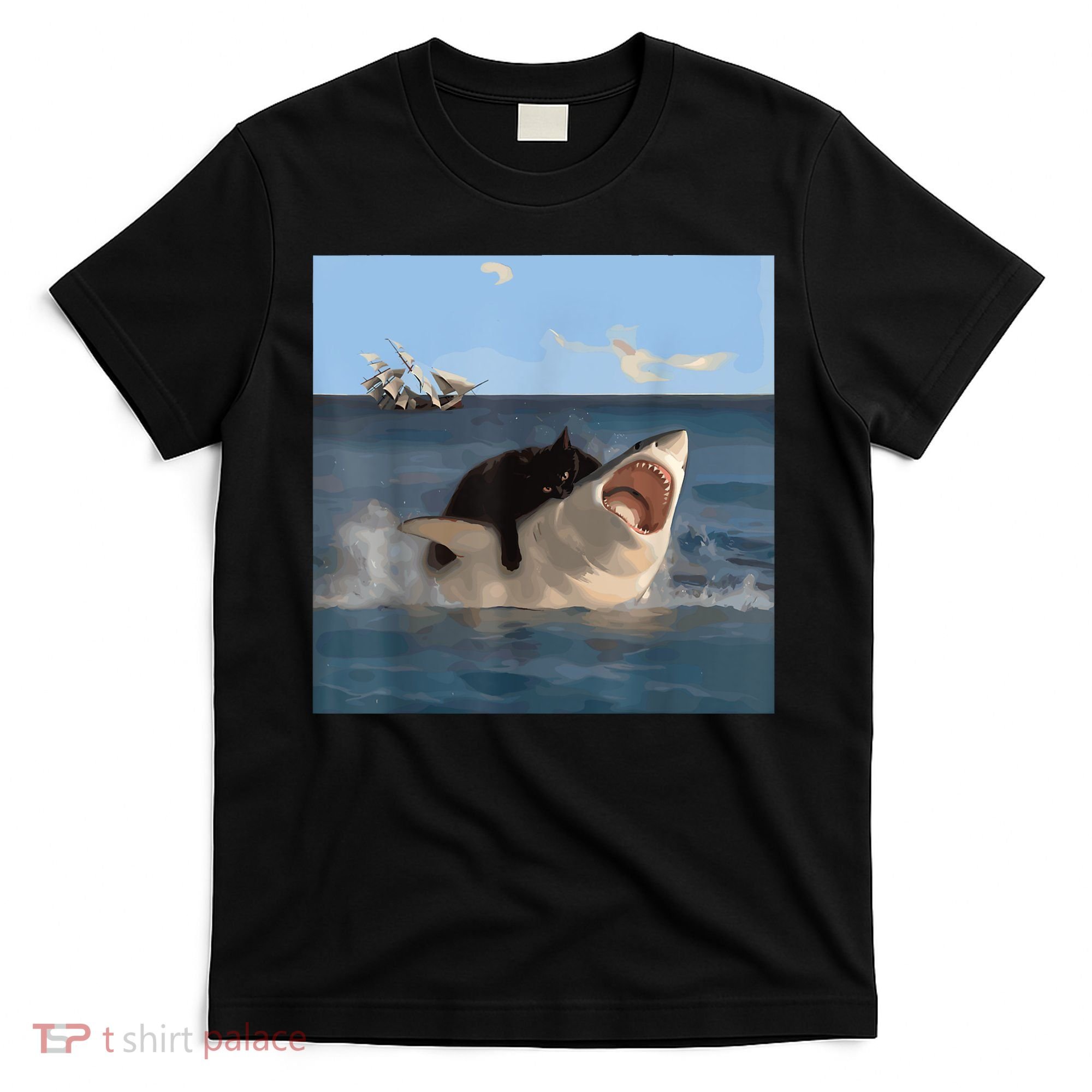 Cat Biting Shark Humorous Playful Funny Cat And Shark T-Shirt