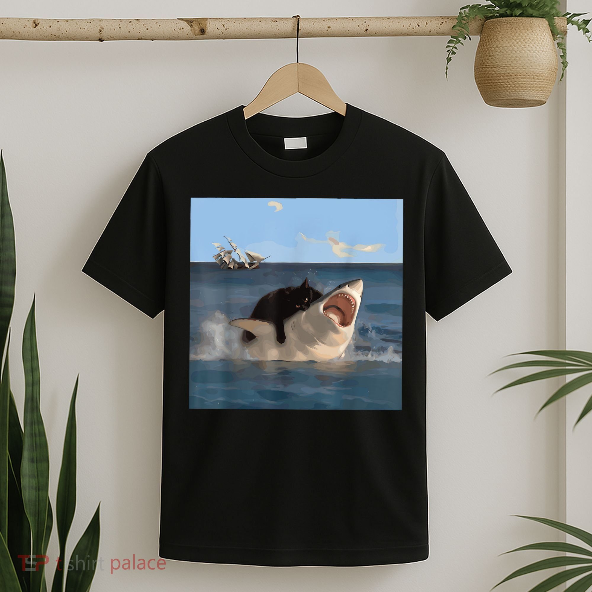 Cat Biting Shark Humorous Playful Funny Cat And Shark T-Shirt