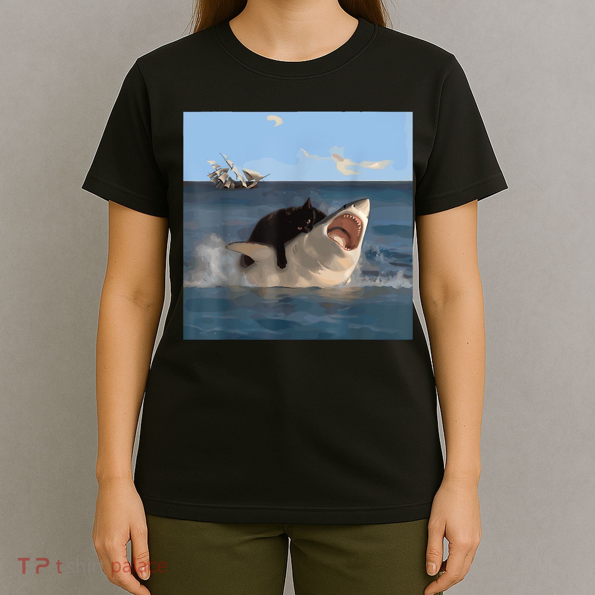 Cat Biting Shark Humorous Playful Funny Cat And Shark T-Shirt