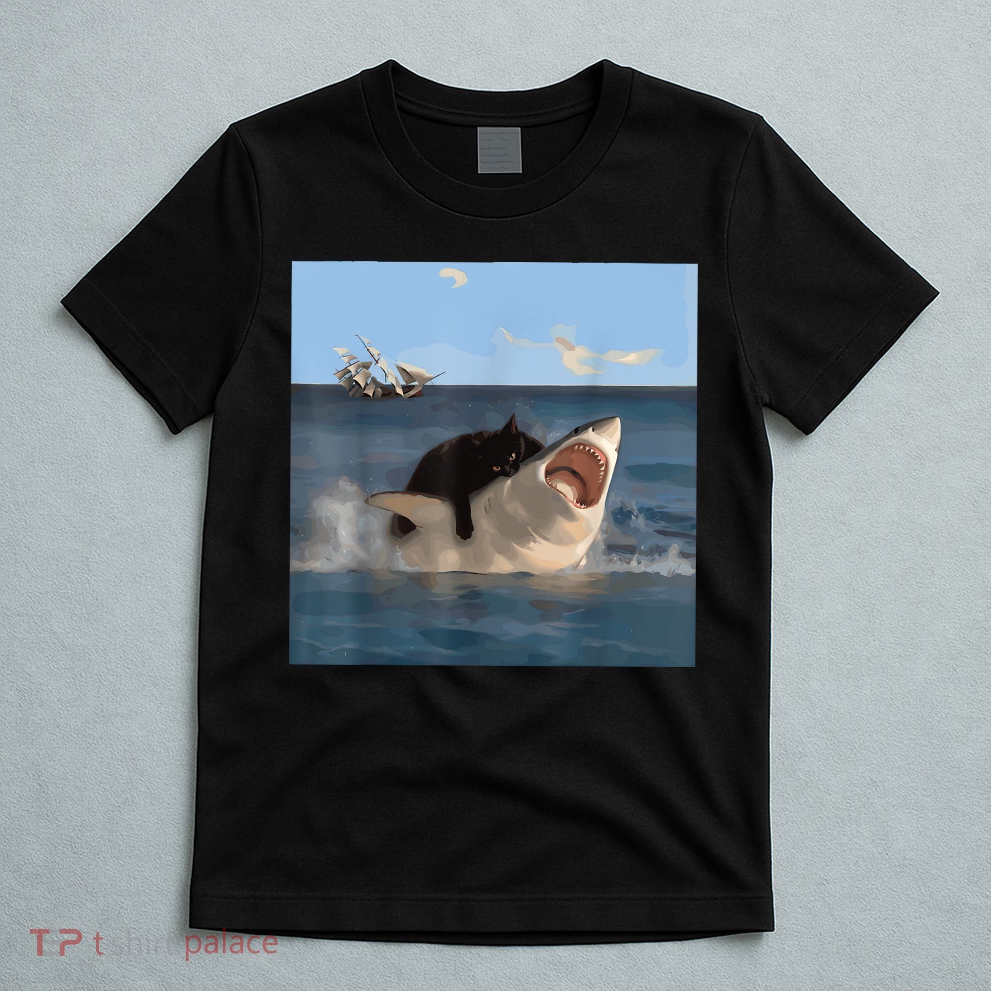 Cat Biting Shark Humorous Playful Funny Cat And Shark T-Shirt