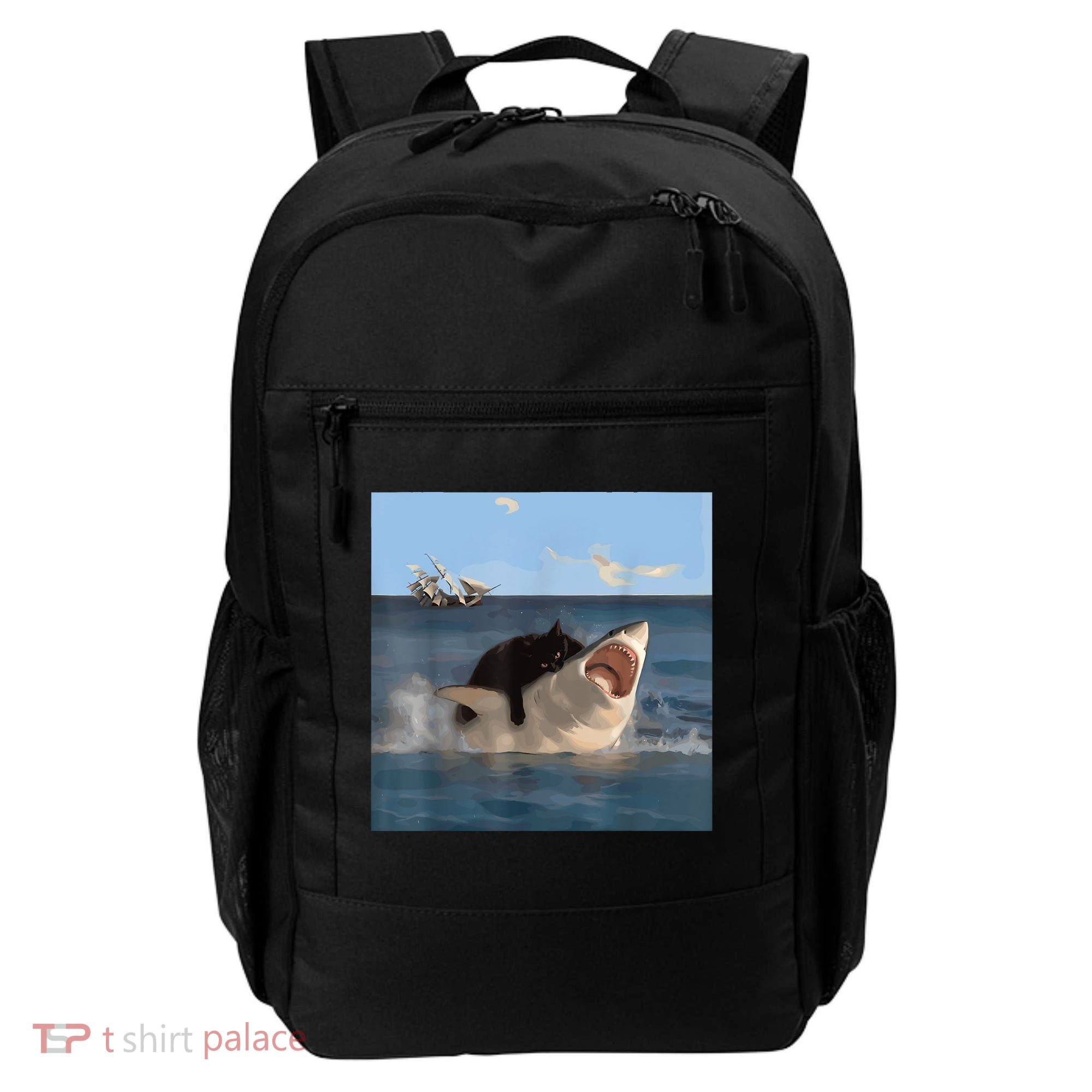 Cat Biting Shark Humorous Playful Funny Cat And Shark Backpack