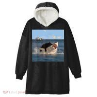 Cat Biting Shark Humorous Playful Funny Cat And Shark Hooded Wearable Blanket thumb 0