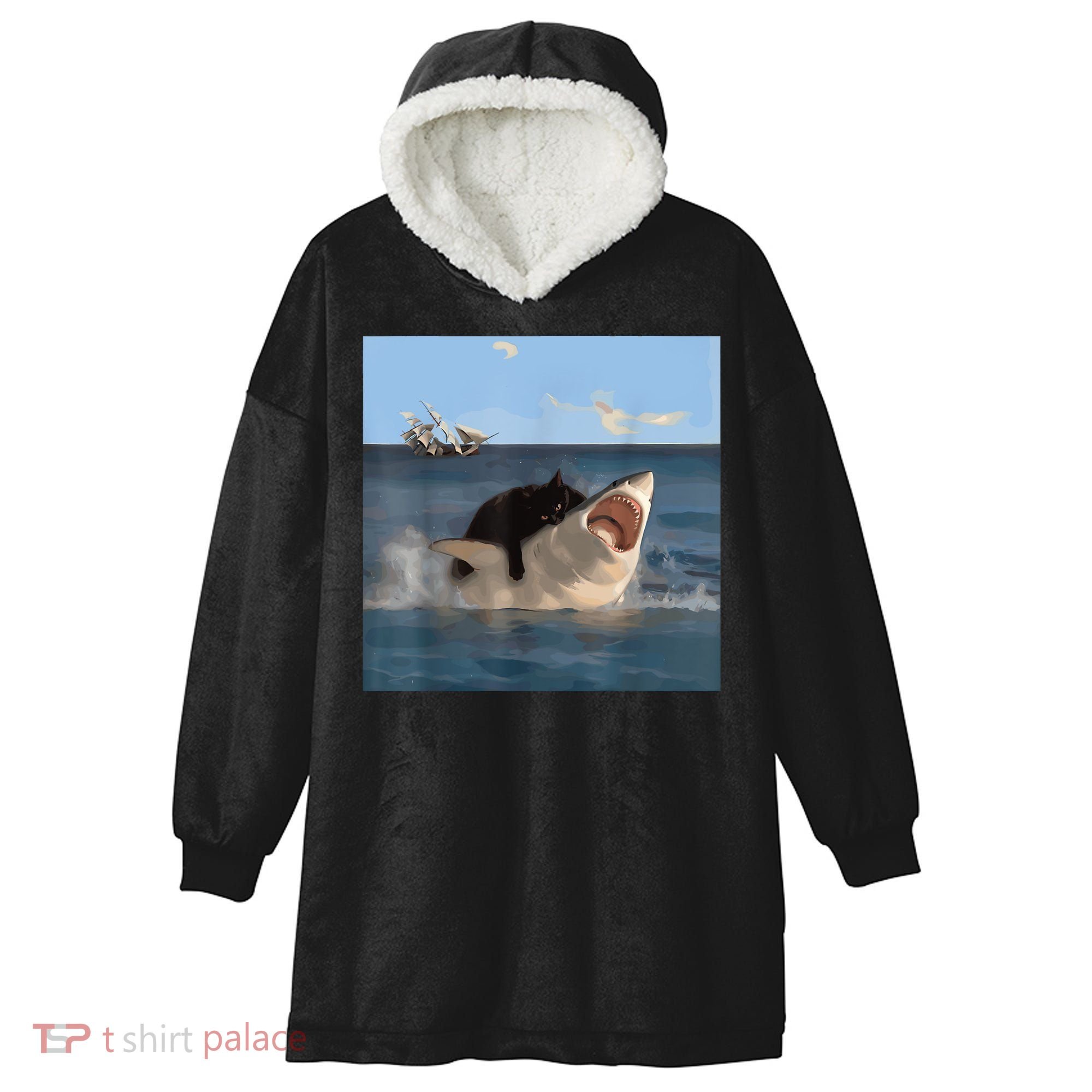 Cat Biting Shark Humorous Playful Funny Cat And Shark Hooded Wearable Blanket