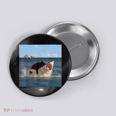 Cat Biting Shark Humorous Playful Funny Cat And Shark Button