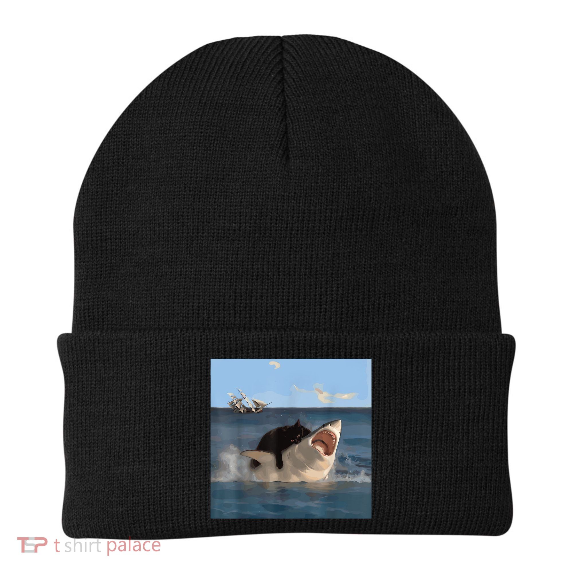 Cat Biting Shark Humorous Playful Funny Cat And Shark Beanie