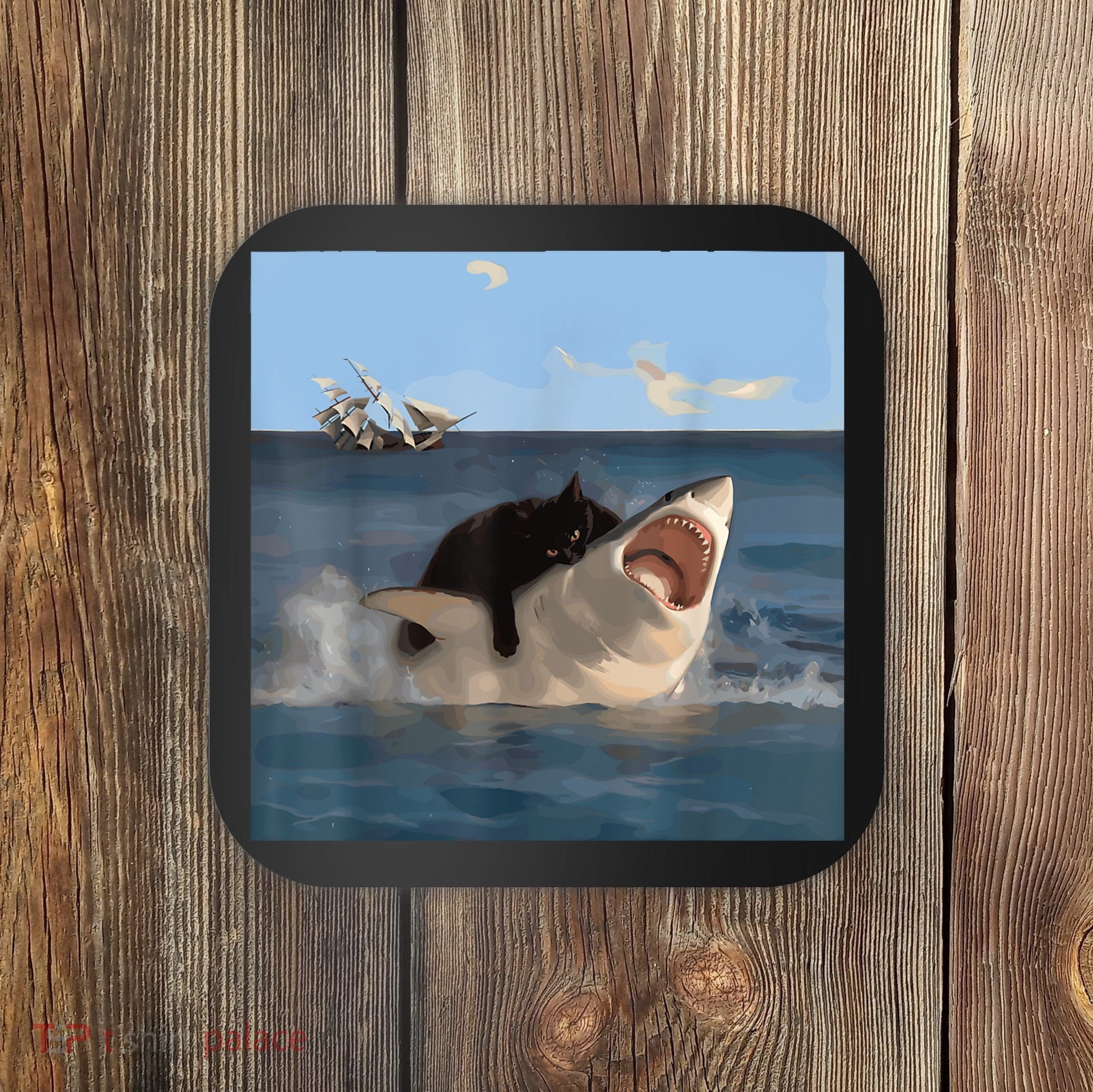 Cat Biting Shark Humorous Playful Funny Cat And Shark Coaster