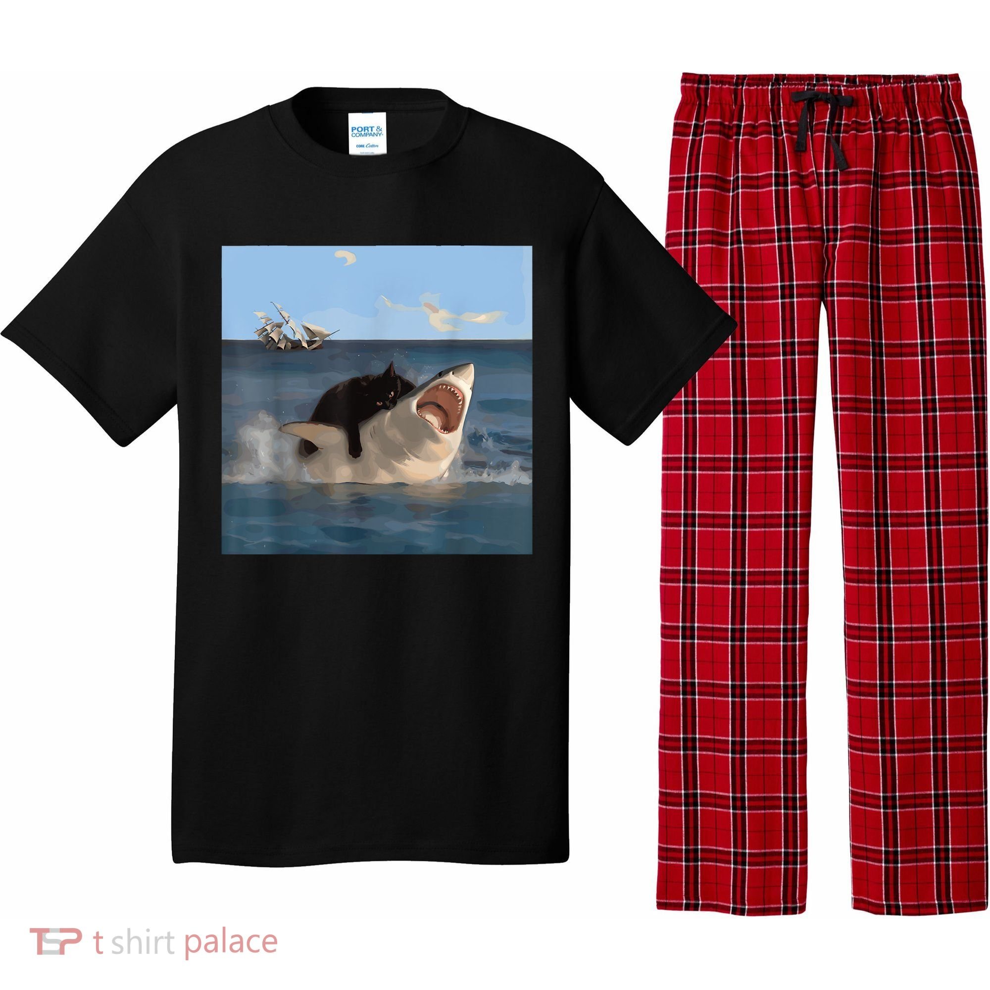 Cat Biting Shark Humorous Playful Funny Cat And Shark Pajama Set