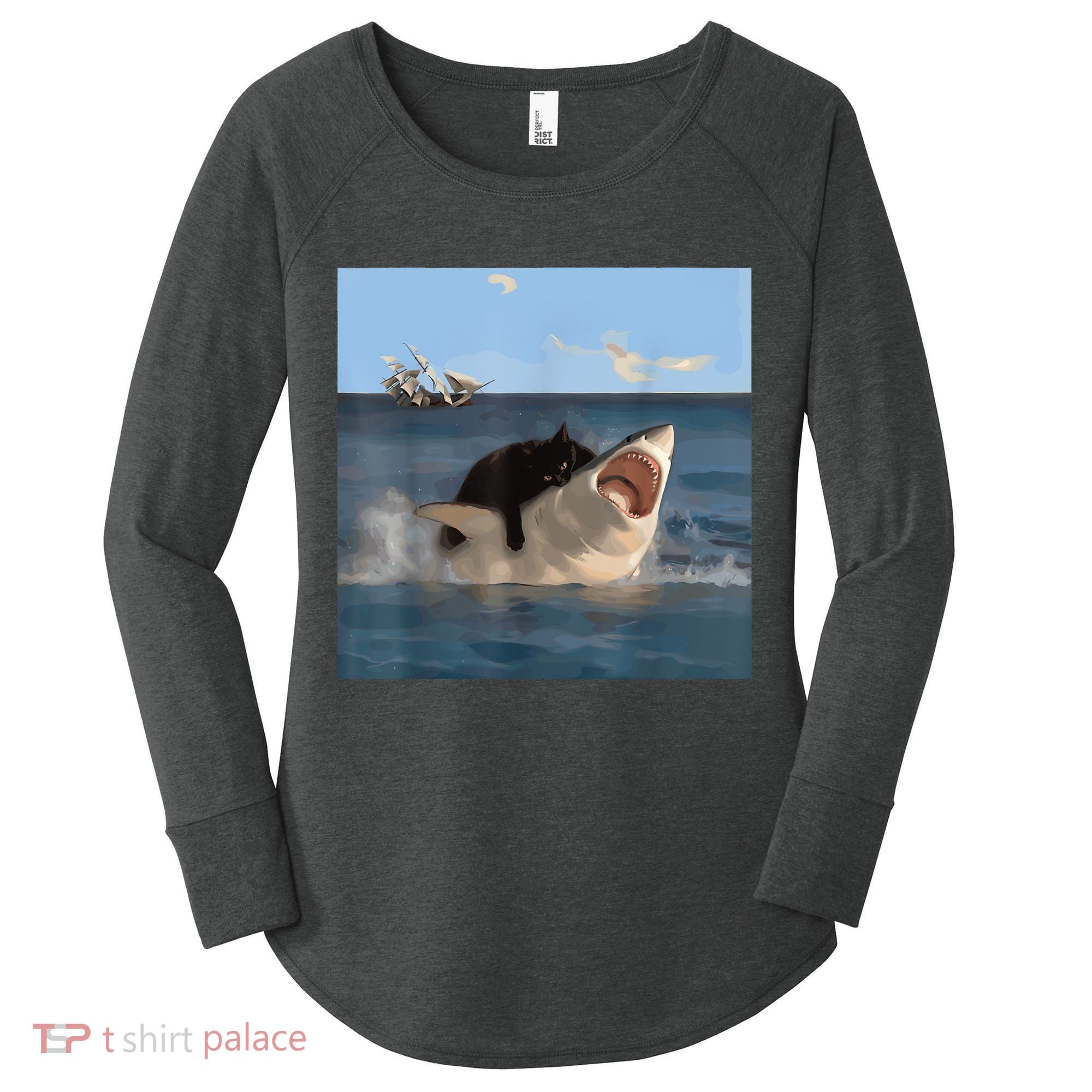 Cat Biting Shark Humorous Playful Funny Cat And Shark Women's Perfect Tri Tunic Long Sleeve Shirt