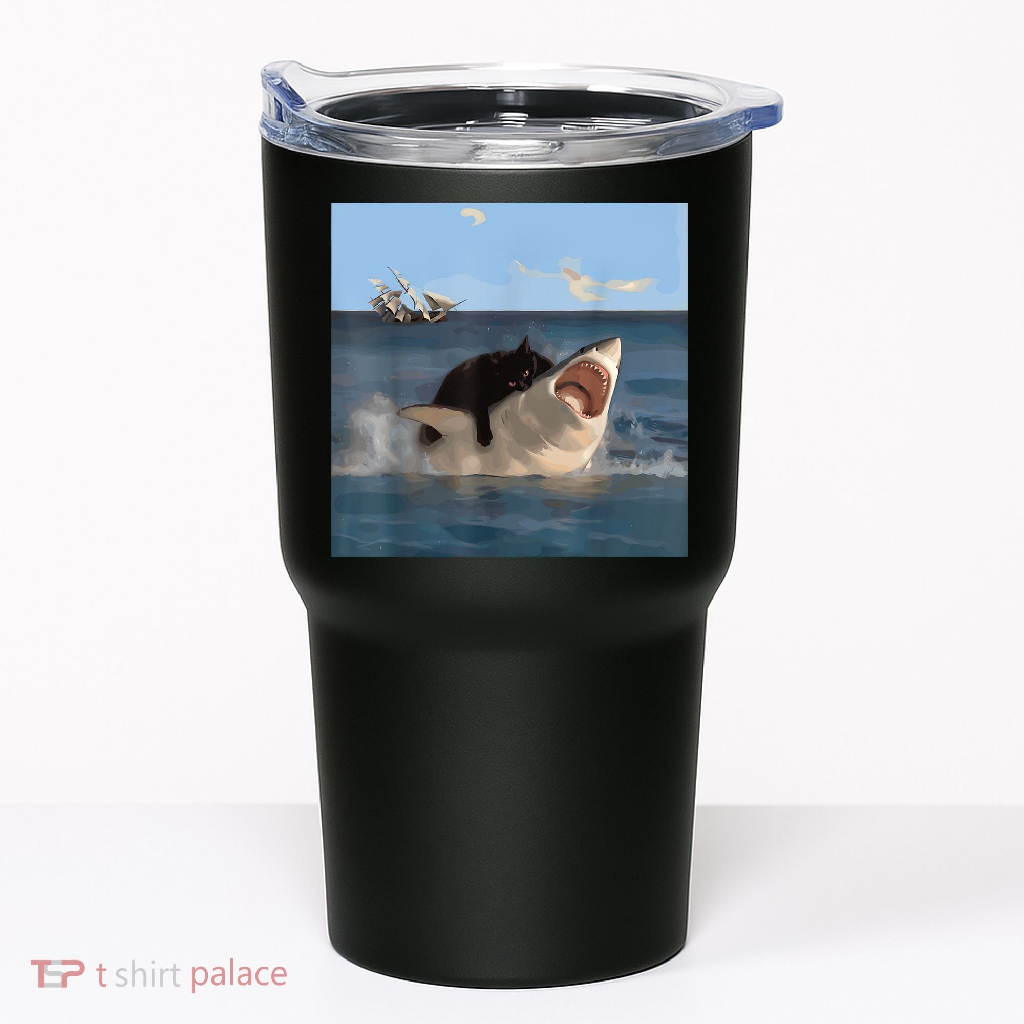 Cat Biting Shark Humorous Playful Funny Cat And Shark Tumbler