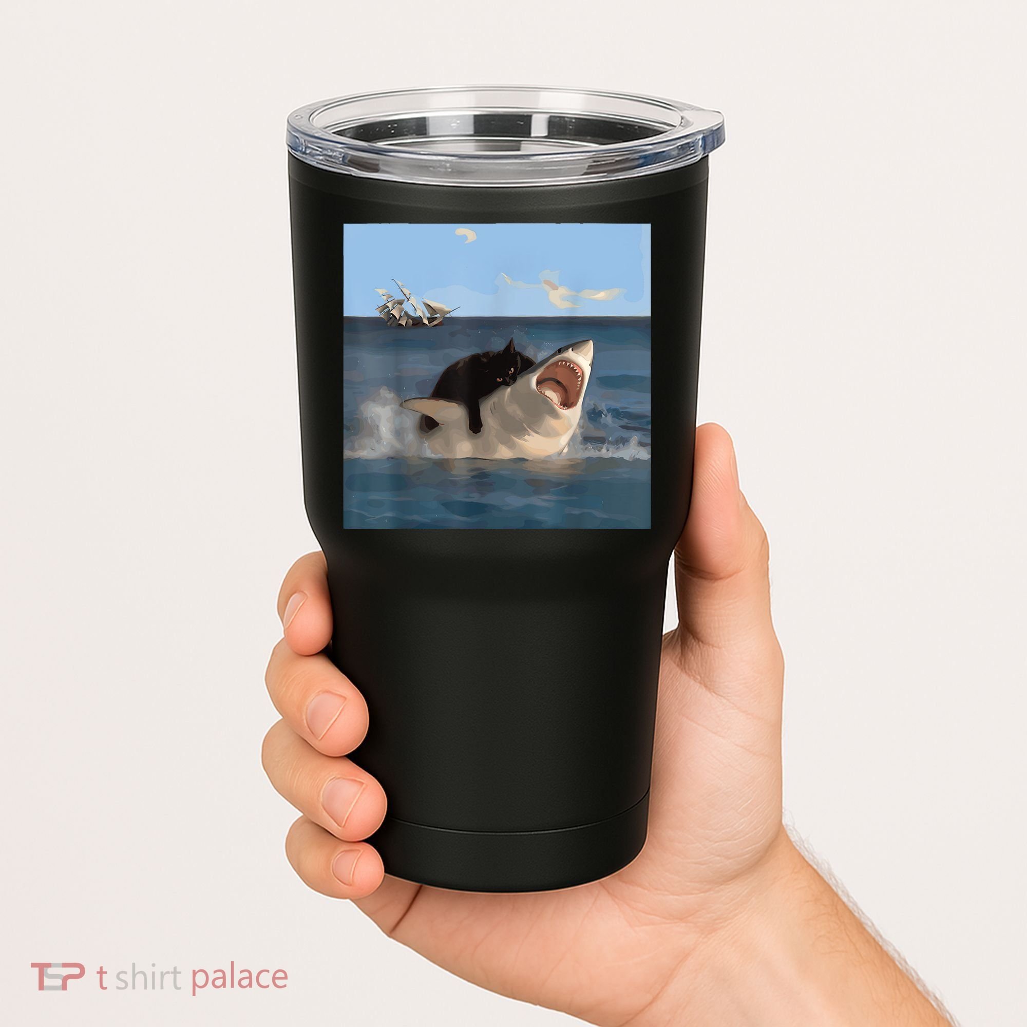 Cat Biting Shark Humorous Playful Funny Cat And Shark Tumbler