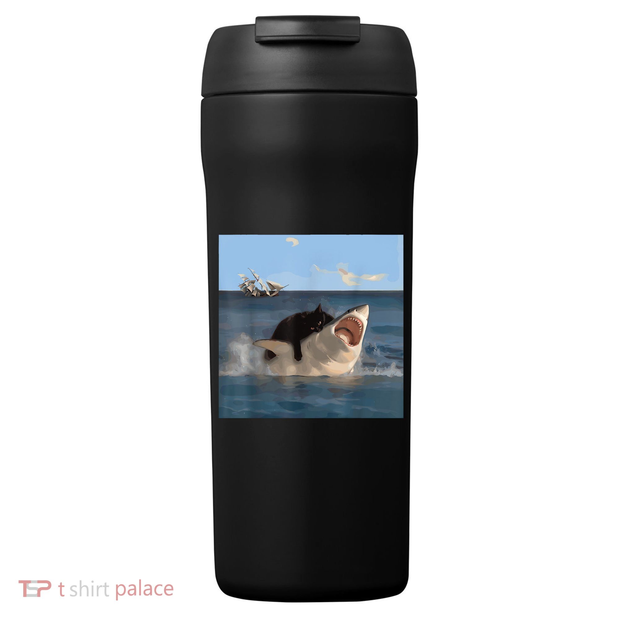 Cat Biting Shark Humorous Playful Funny Cat And Shark 24oz Duet Stainless Steel Tumbler