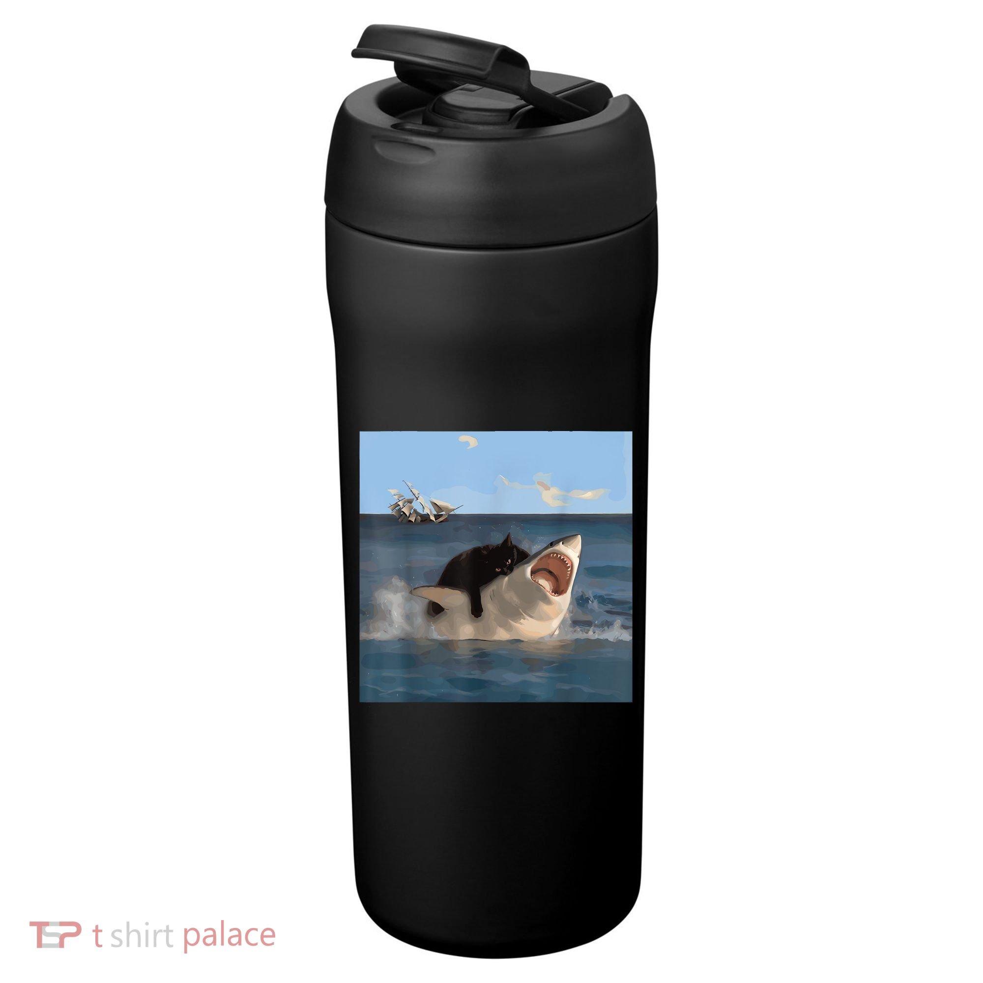 Cat Biting Shark Humorous Playful Funny Cat And Shark 24oz Duet Stainless Steel Tumbler