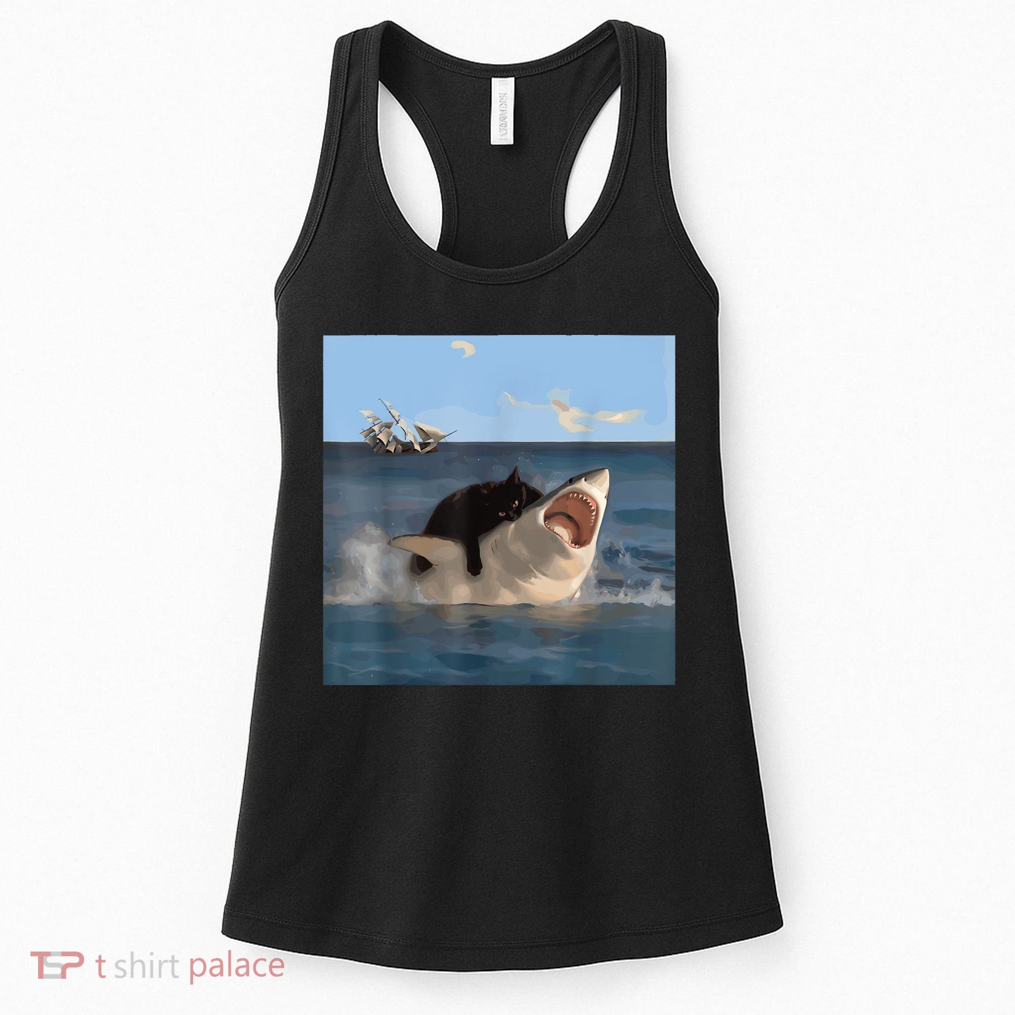 Cat Biting Shark Humorous Playful Funny Cat And Shark Women's Tank Top
