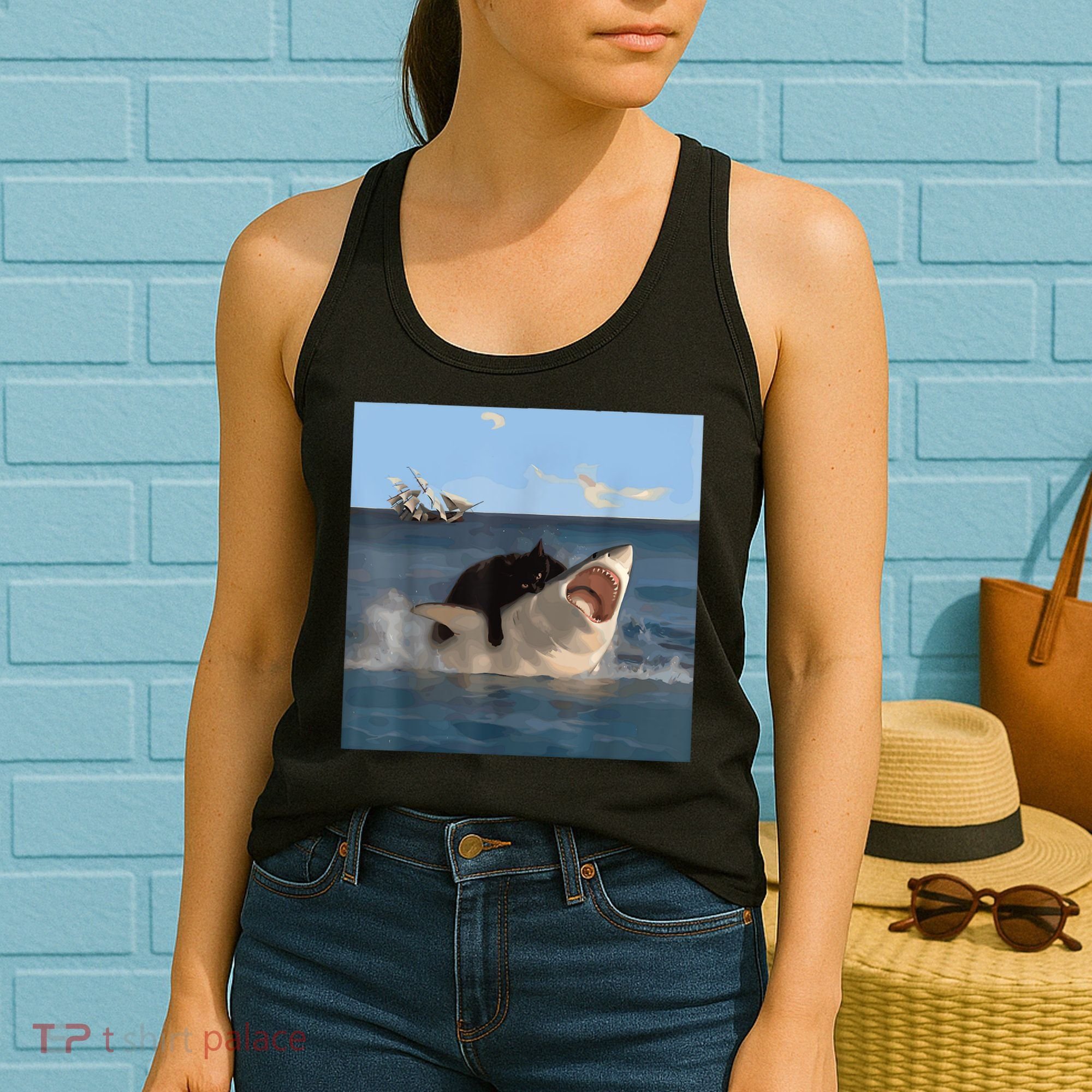 Cat Biting Shark Humorous Playful Funny Cat And Shark Women's Tank Top