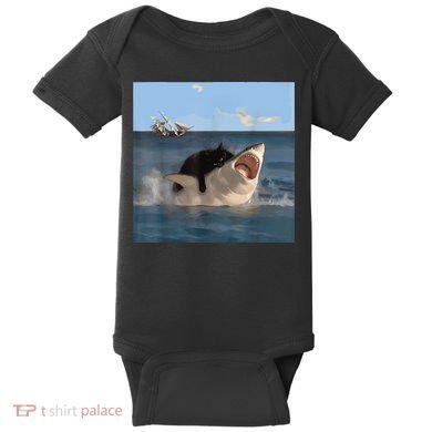 Cat Biting Shark Humorous Playful Funny Cat And Shark Baby Bodysuit