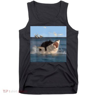 Cat Biting Shark Humorous Playful Funny Cat And Shark Tank Top