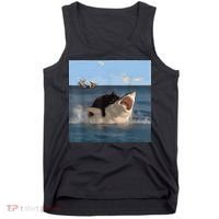 Cat Biting Shark Humorous Playful Funny Cat And Shark Tank Top thumb 0