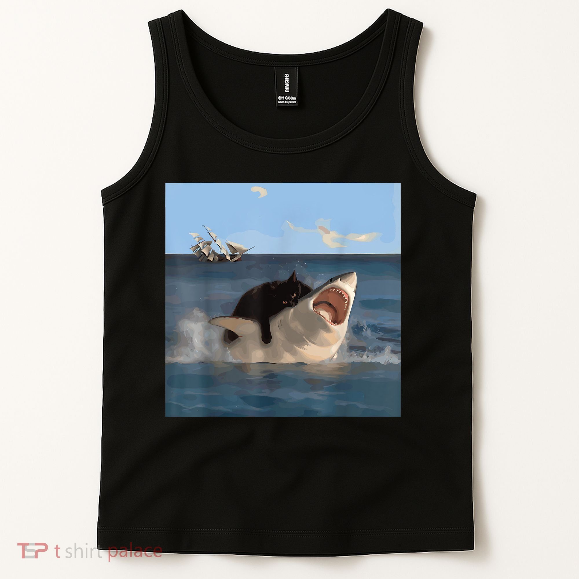Cat Biting Shark Humorous Playful Funny Cat And Shark Tank Top