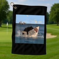 Cat Biting Shark Humorous Playful Funny Cat And Shark Golf Towel thumb 1