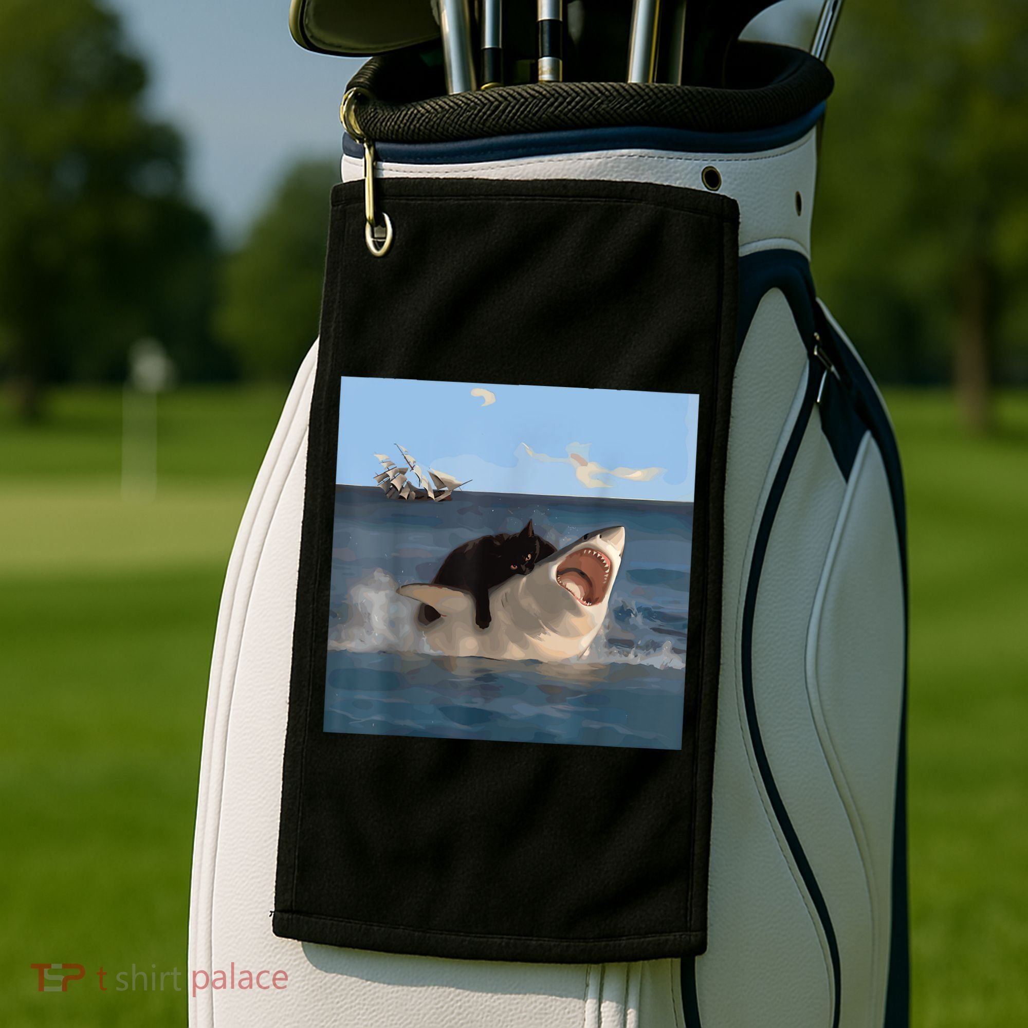 Cat Biting Shark Humorous Playful Funny Cat And Shark Golf Towel