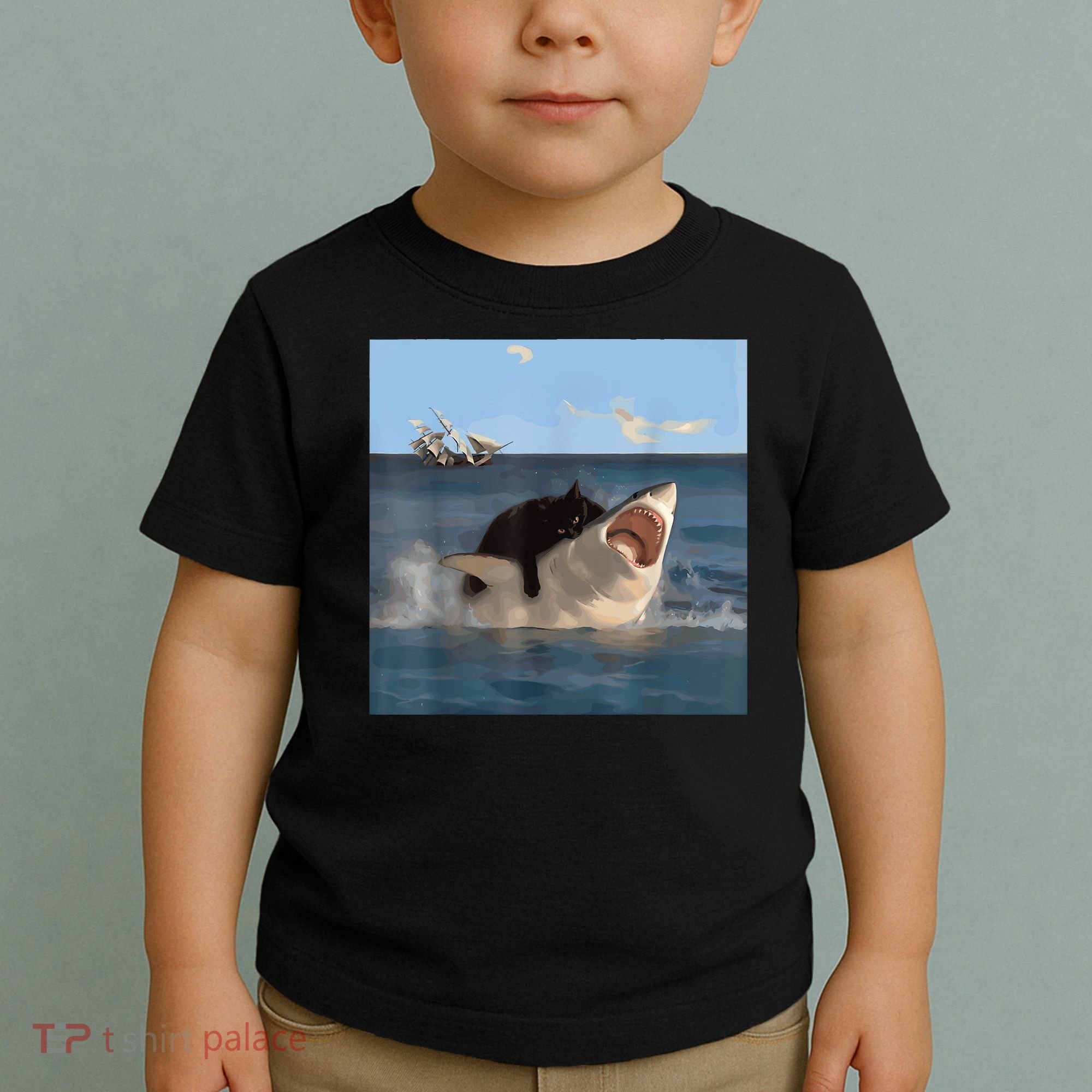 Cat Biting Shark Humorous Playful Funny Cat And Shark Toddler T-Shirt