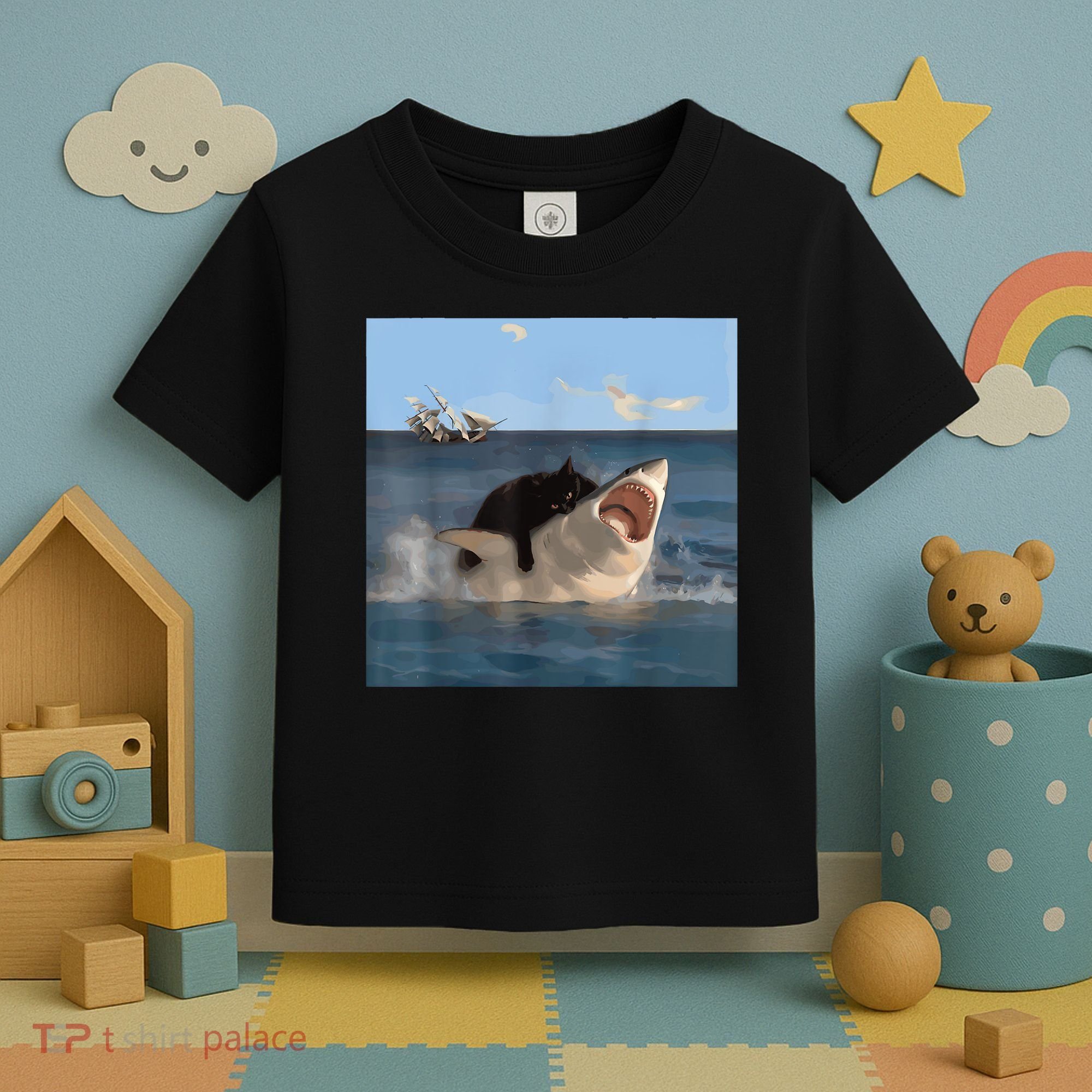Cat Biting Shark Humorous Playful Funny Cat And Shark Toddler T-Shirt