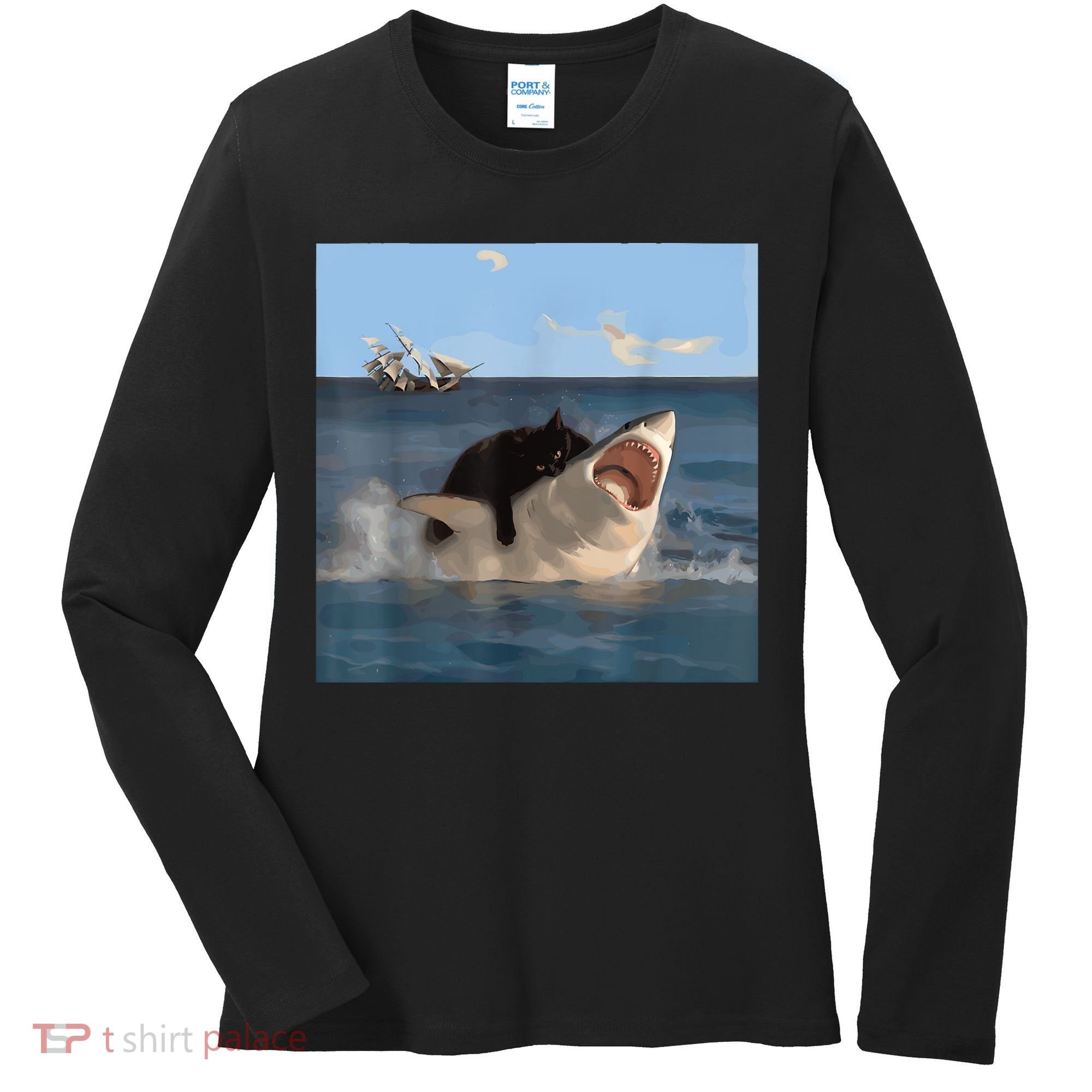 Cat Biting Shark Humorous Playful Funny Cat And Shark Women's Long Sleeve Shirt