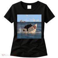 Cat Biting Shark Humorous Playful Funny Cat And Shark Women's T-Shirt thumb 0