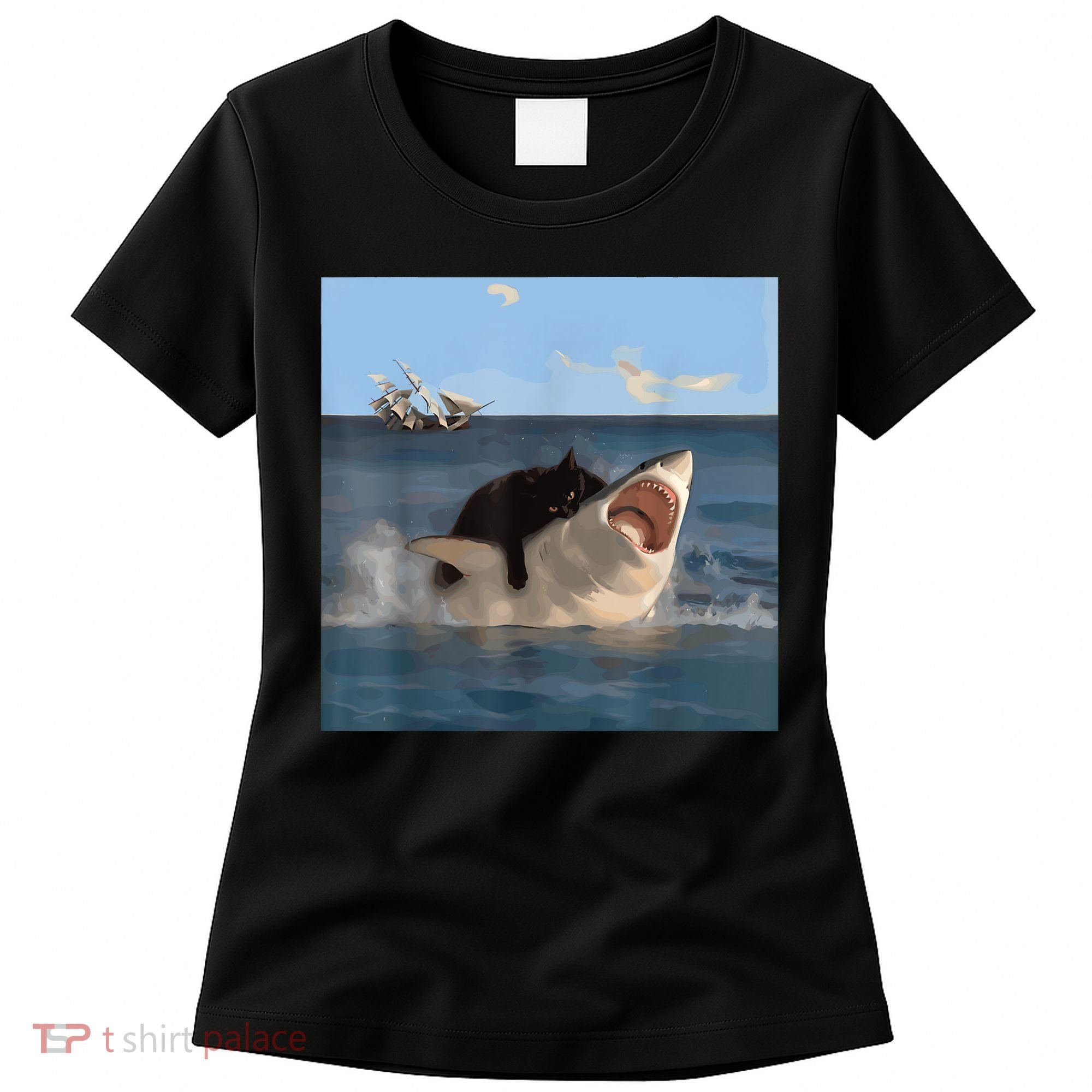 Cat Biting Shark Humorous Playful Funny Cat And Shark Women's T-Shirt