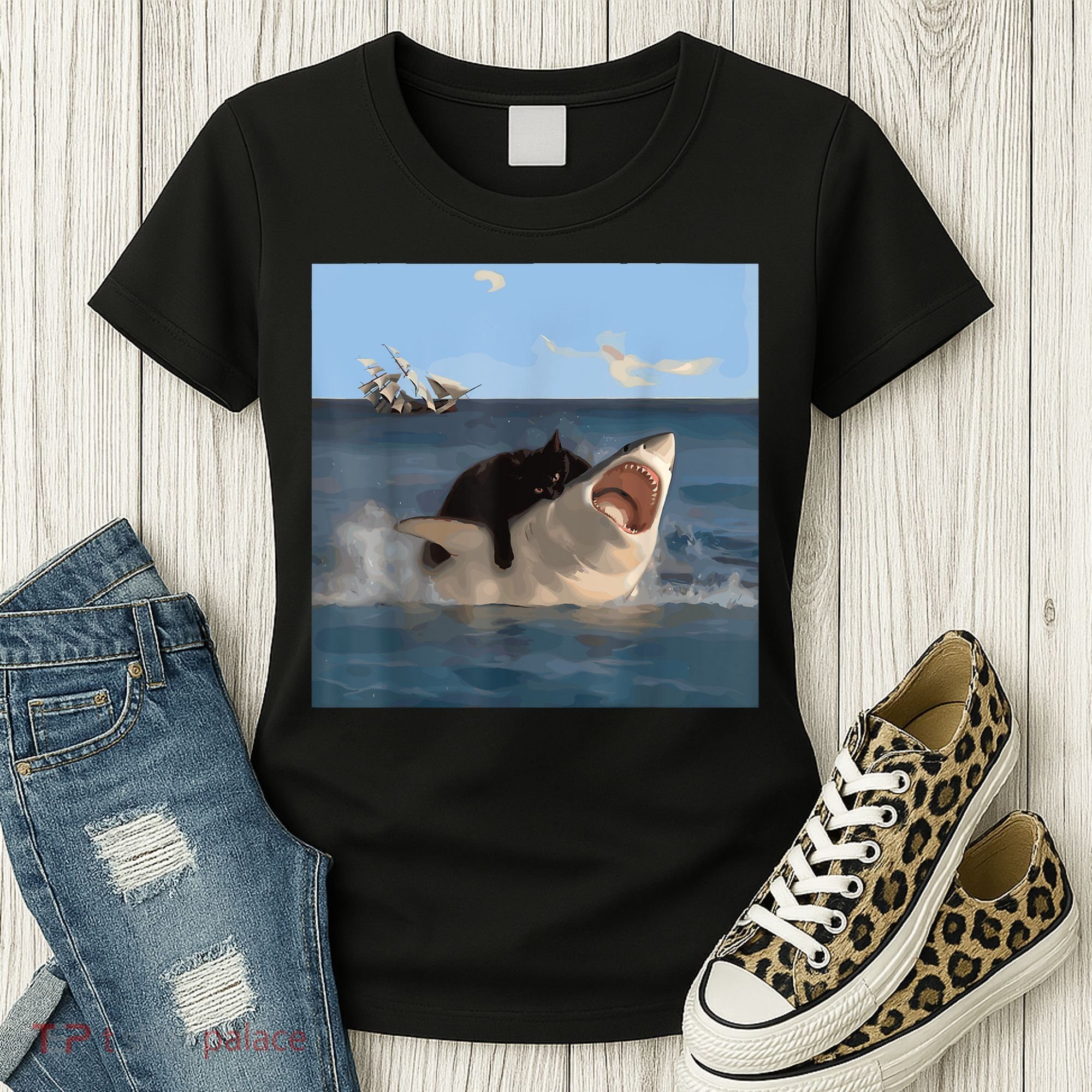 Cat Biting Shark Humorous Playful Funny Cat And Shark Women's T-Shirt